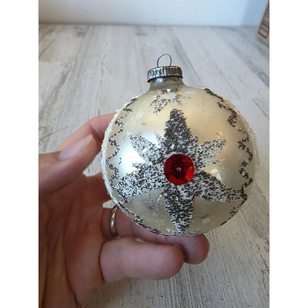Vintage West Germany coconut Mica star Glass ornament Xmas tree ball
